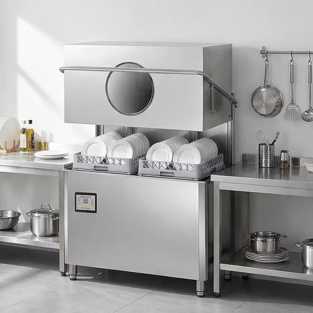 Freestanding industrial dishwasher for restaurant kitchens
