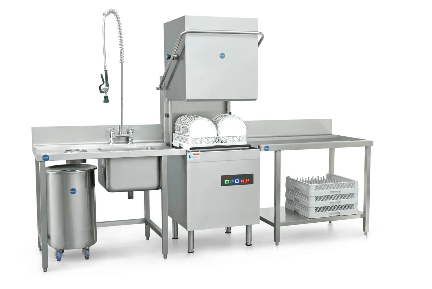 Industrial pass-through dishwasher station with sink and dish racks