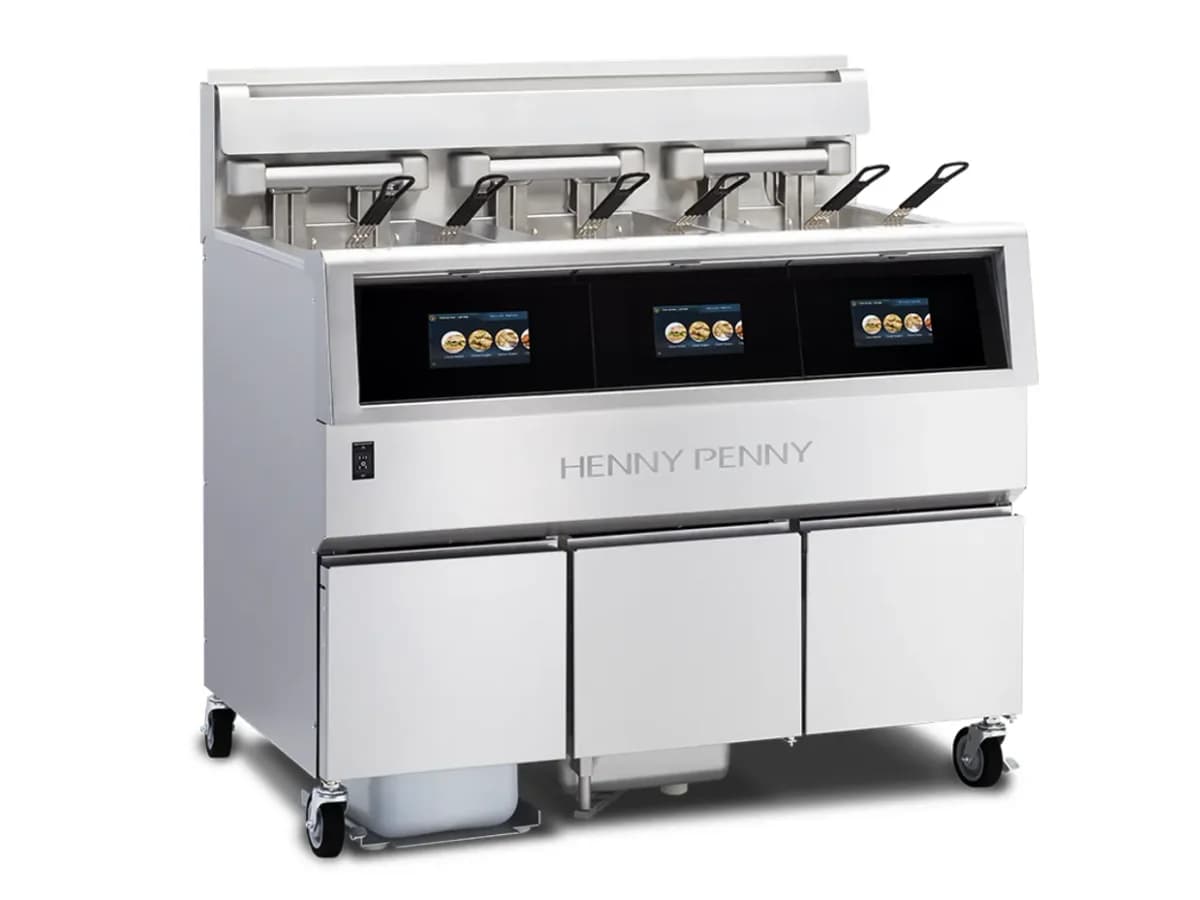 Commercial fryer bank with multiple fry baskets and digital controls