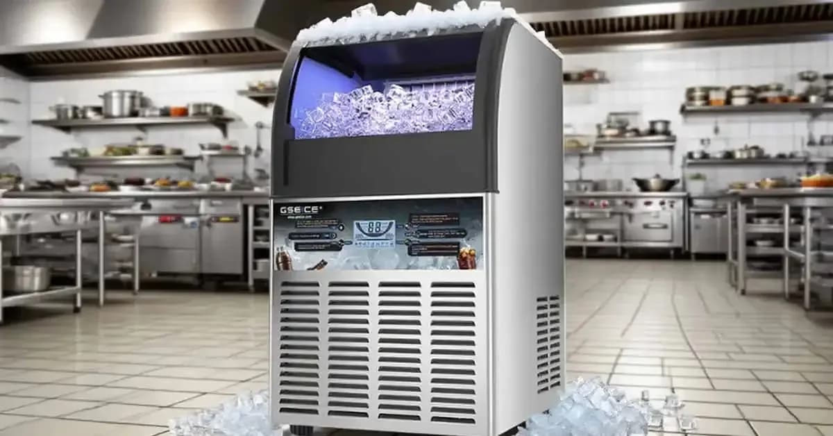 Commercial ice machine installed in a restaurant kitchen