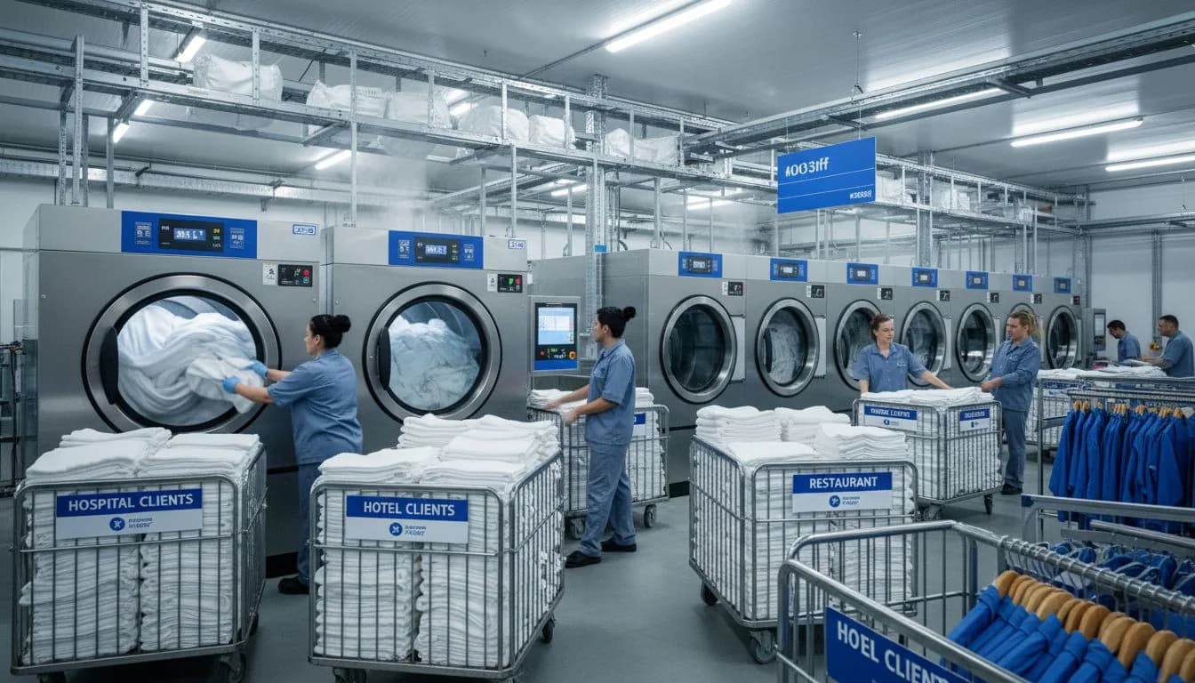 Commercial laundry facility with workers, carts and large washing machines