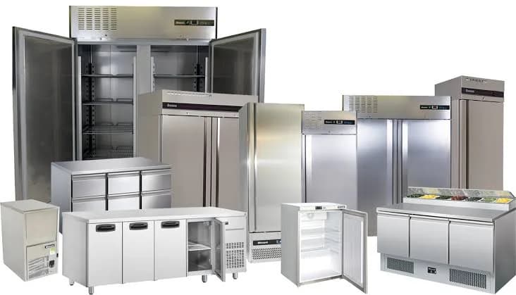 Commercial refrigeration equipment lineup with reach-ins and prep units