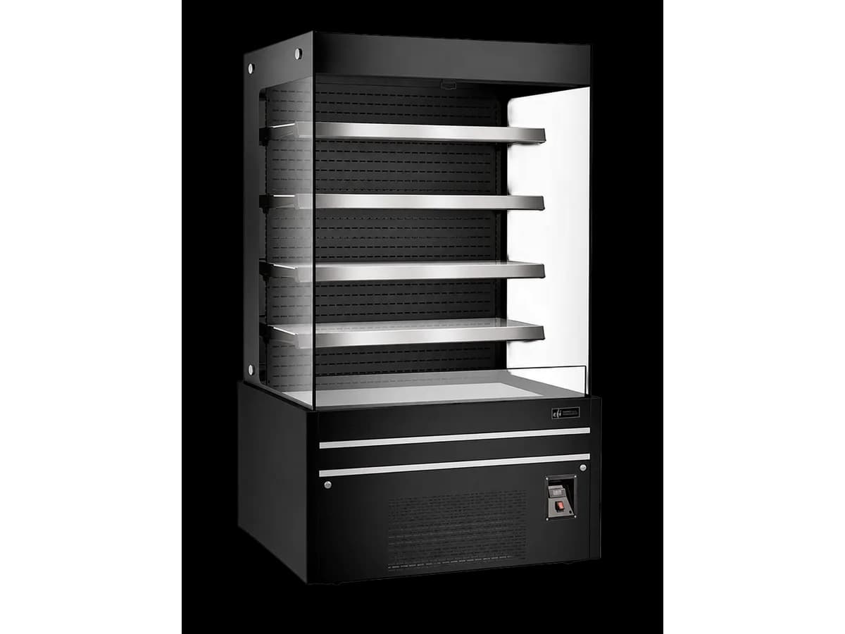 Black open-air display case with glass side panels and shelves