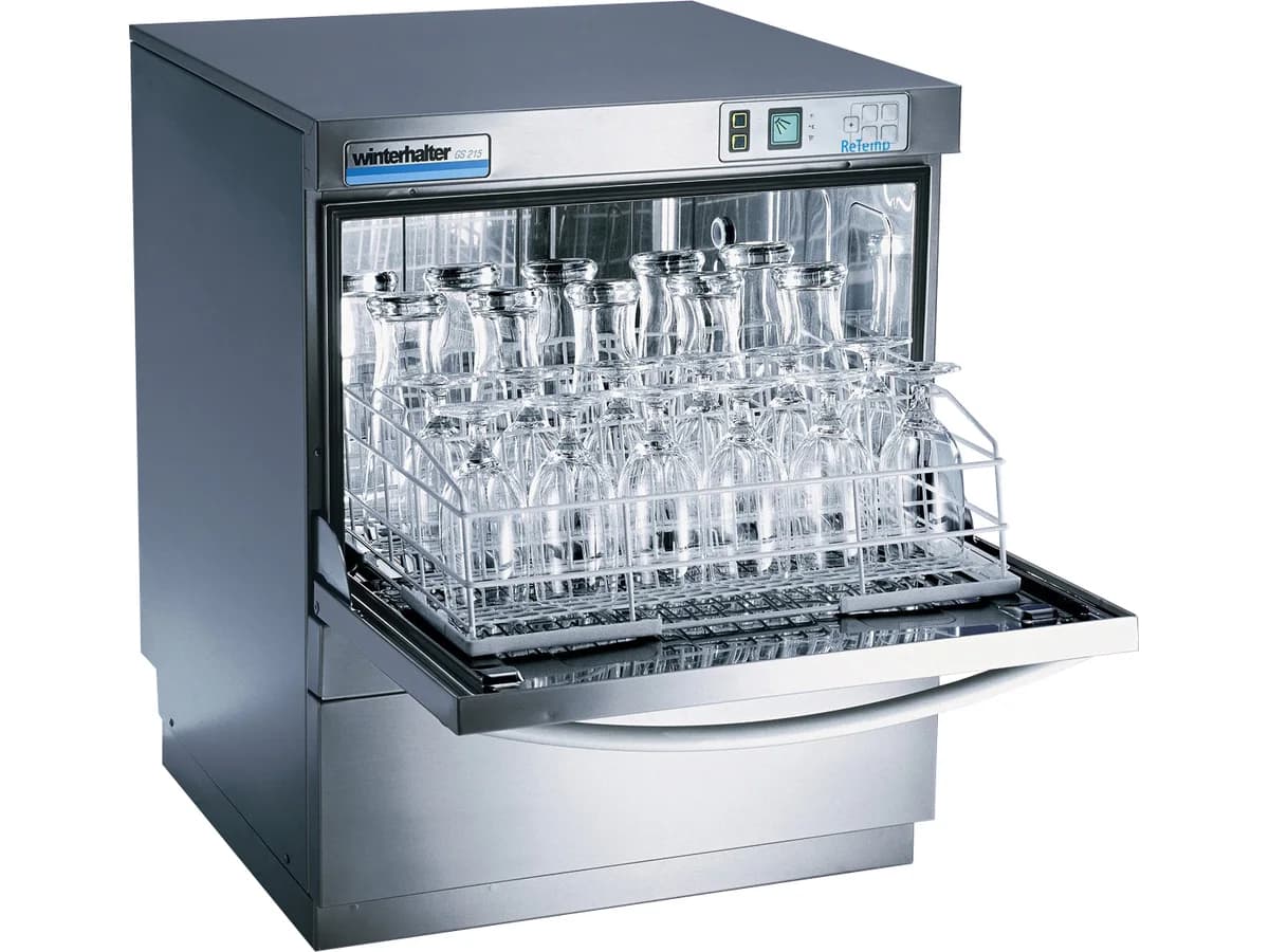 Commercial glasswasher loaded with clean bar glasses