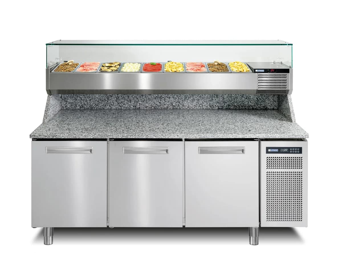 Pizza prep table with chilled ingredient pans and granite work surface