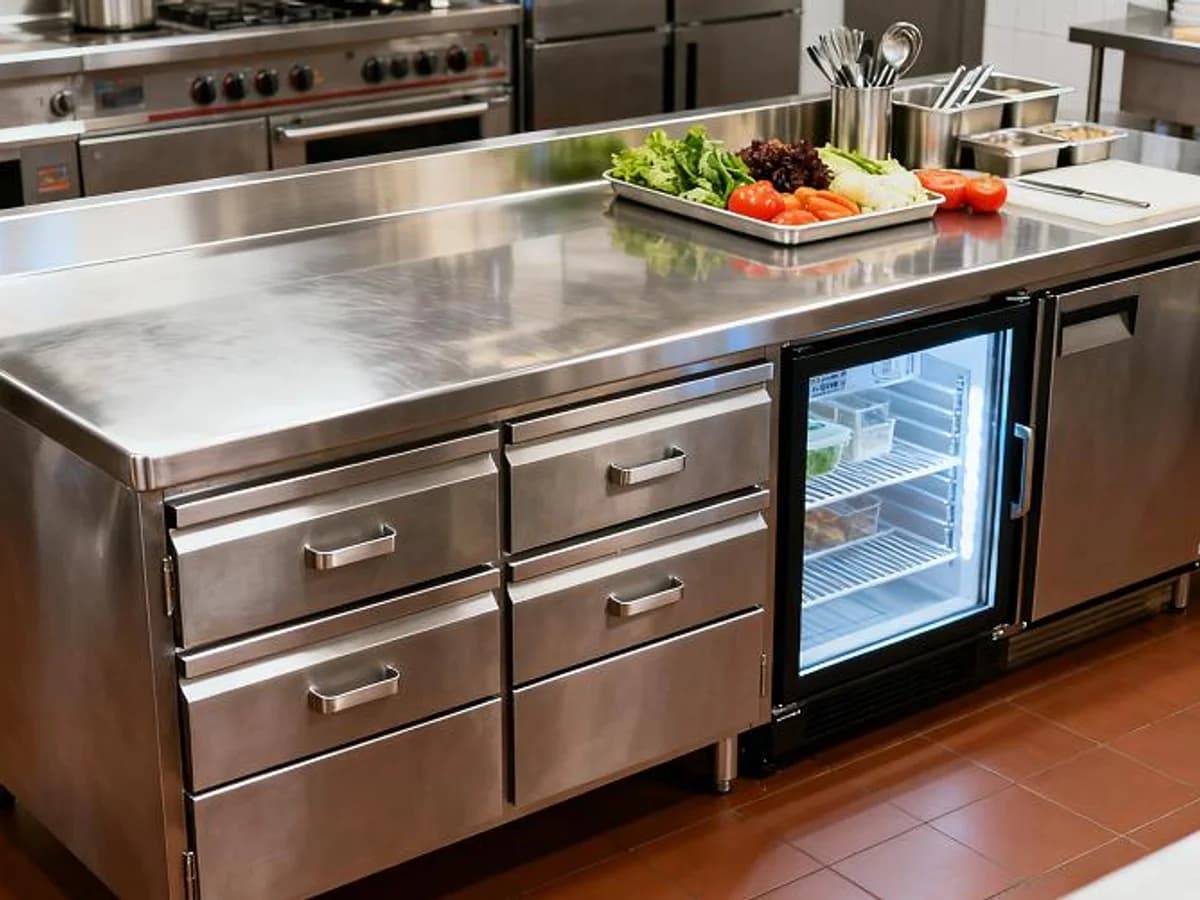 Stainless steel refrigerated prep table in a commercial kitchen