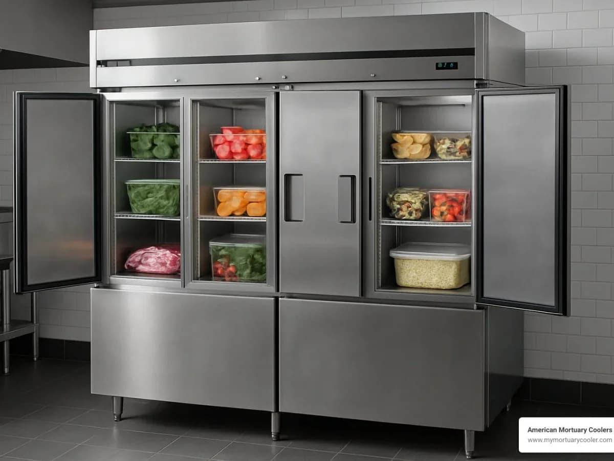 Reach-in freezer and refrigerator with open doors in a commercial kitchen