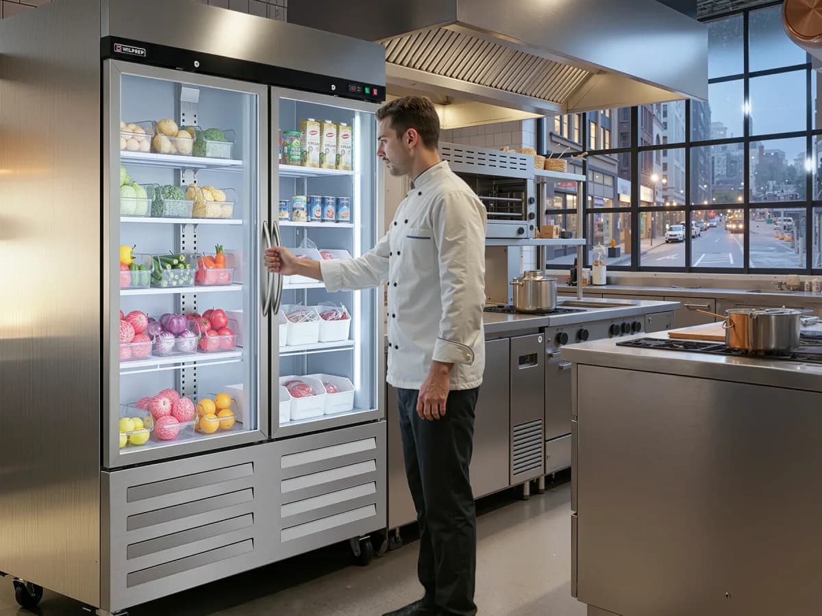 Chef opening a reach-in refrigerator in a commercial kitchen