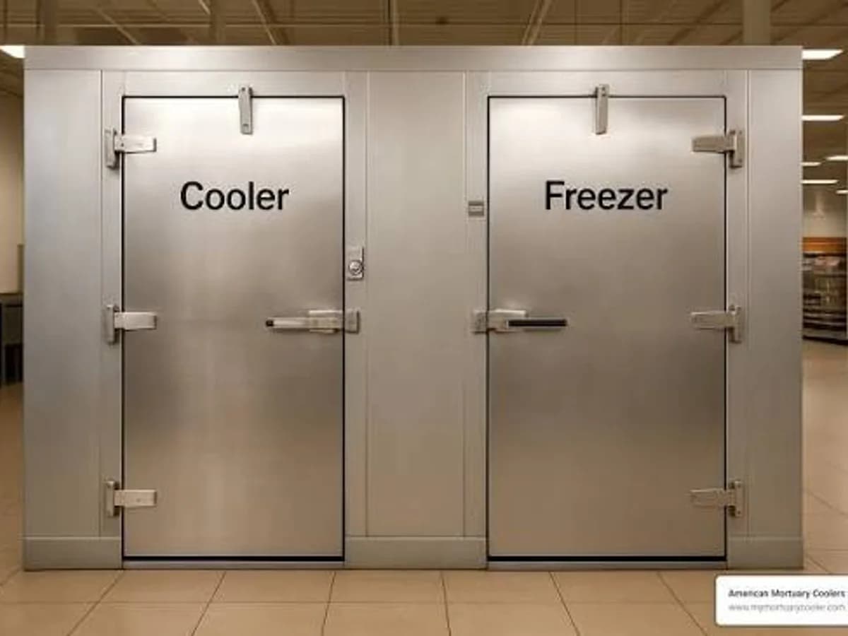 Walk-in cooler and freezer doors in a commercial back-of-house area