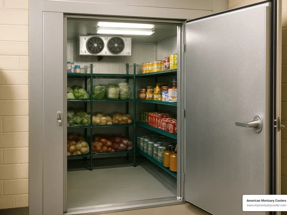 Open walk-in cooler with stocked shelves and cold storage equipment