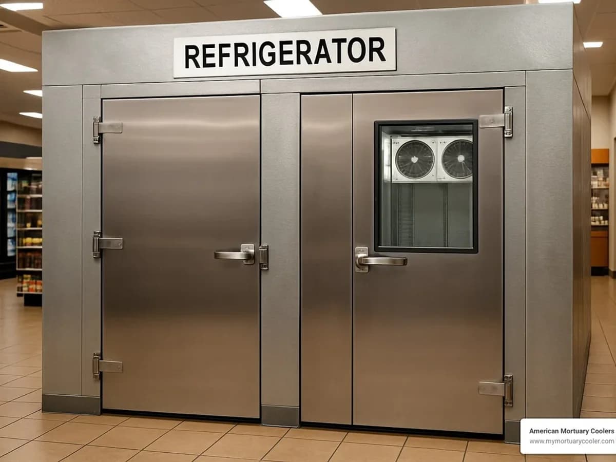 Walk-in refrigerator cooler doors in a grocery and food service space